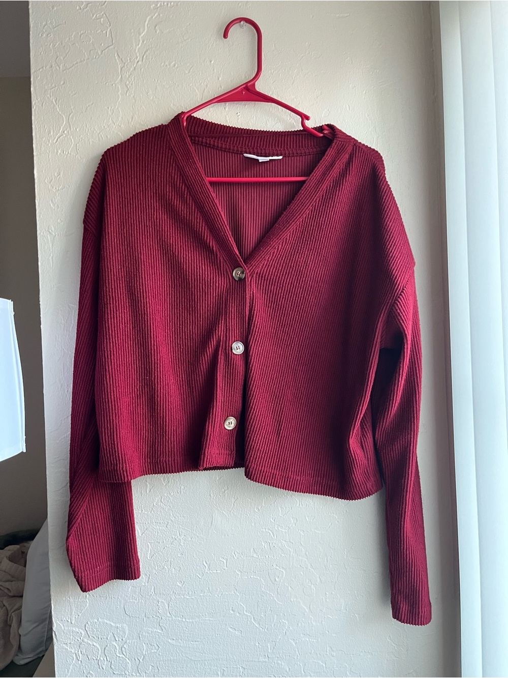 Time and Tru Burgundy Ribbed V-Neck Button Cardigan